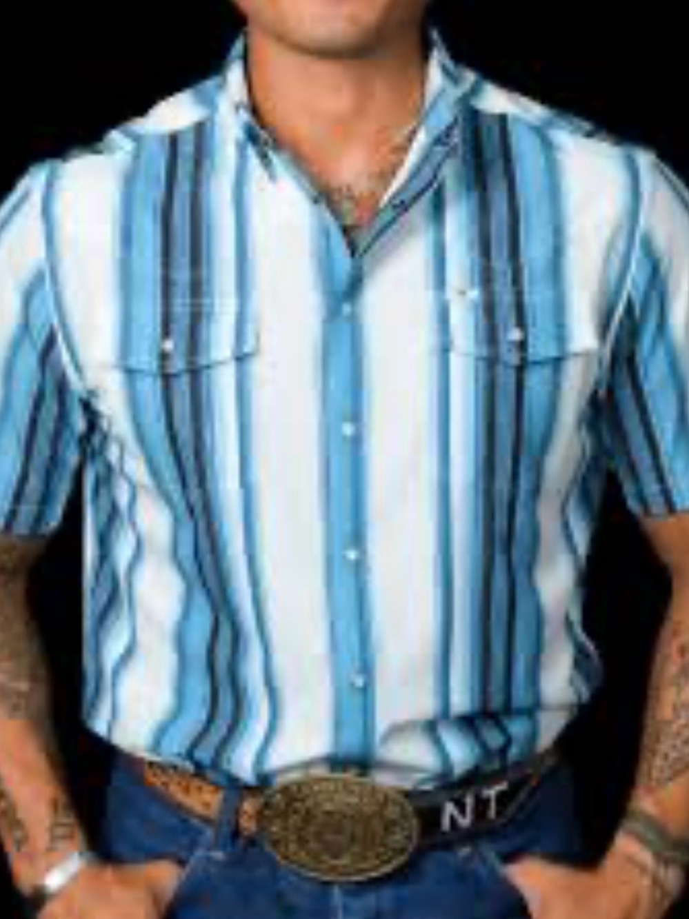 Harrison’s Ferrell Men's Blue Stripe Short-Sleeve Button-Up  Pearl Shirt